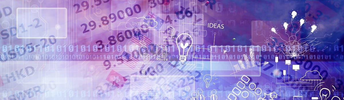 Abstract digital background with numbers, lightbulbs, and network graphics, symbolizing innovation and technology.