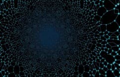 Abstract blue network grid forming a tunnel on a dark background.