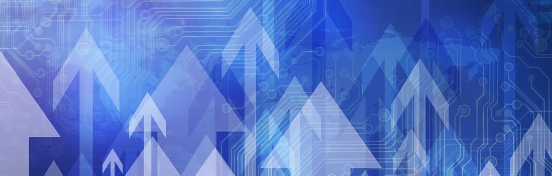 Abstract blue background with upward arrows, geometric shapes, and circuit board patterns, symbolizing growth and technology.