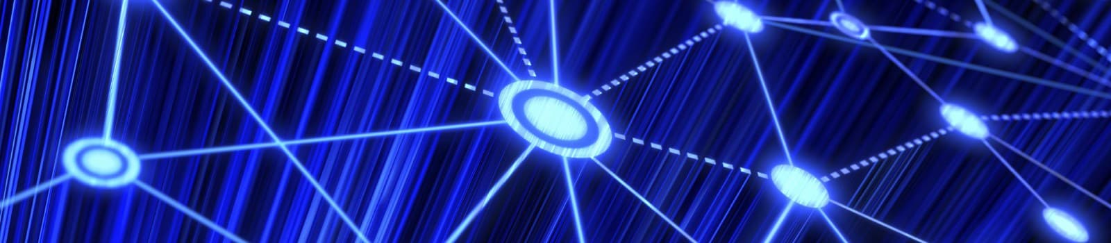 Abstract blue network graphic with glowing dots and connecting lines on a dark background.