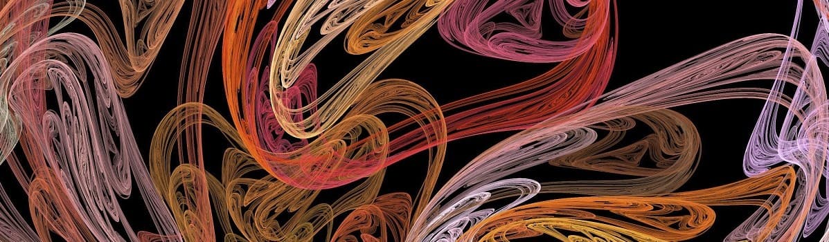 Abstract design of orange, pink, and white swirls on a dark background.
