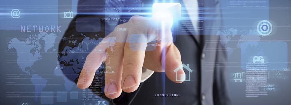 Hand in a suit pointing at a glowing digital interface with network icons, world map, and the words 'NETWORK' and 'CONNECTION' on a blue background.