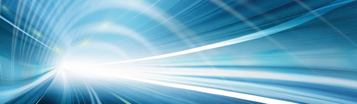 Abstract blue and white light tunnel with dynamic streaks and a bright center on a dark background, symbolizing speed and advancement.