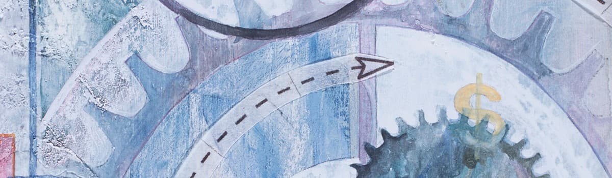 Abstract artwork of interlocking blue gears with a gold dollar sign and dashed arrow on a textured background.