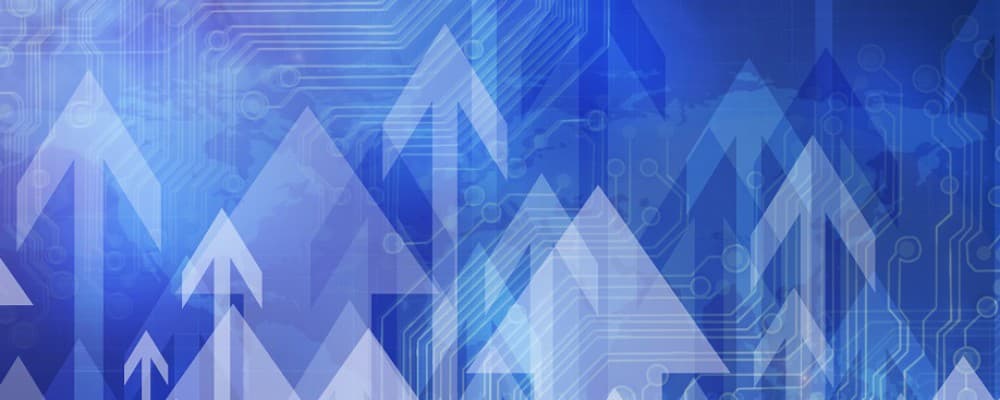 Abstract blue background with upward arrows, geometric shapes, and circuit board patterns, symbolizing growth and technology.